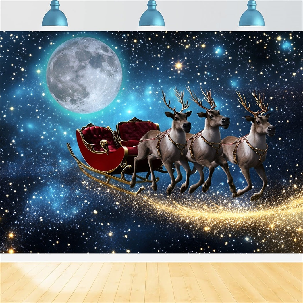 Toile de fond Noël Traîneau du Père Noël Volant sous la Lune GQ58-44