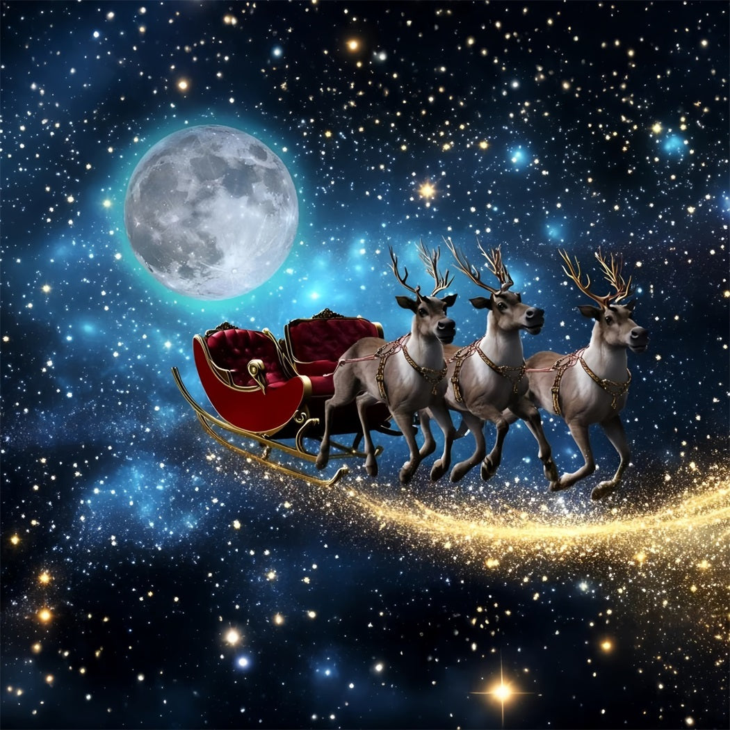 Toile de fond Noël Traîneau du Père Noël Volant sous la Lune GQ58-44