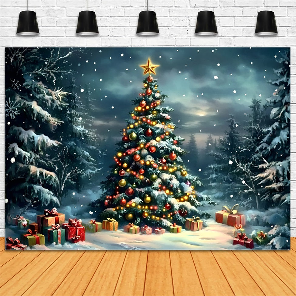 Toile de fond Noël Sapin Décoré dans Forêt de Pins Enneigée GQ58-45
