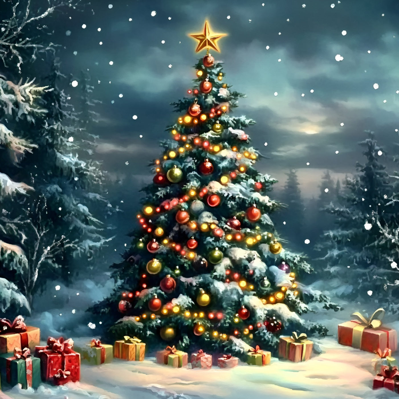 Toile de fond Noël Sapin Décoré dans Forêt de Pins Enneigée GQ58-45