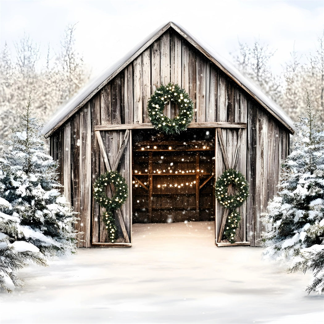 Toile de fond Noël Grange Rustique avec Couronnes GQ58-46