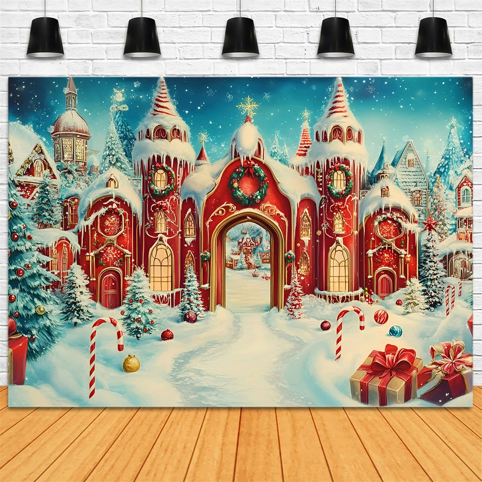 Toile de fond photo Noël Château Sucre d’Orge et Tours Enneigées GQ58-55