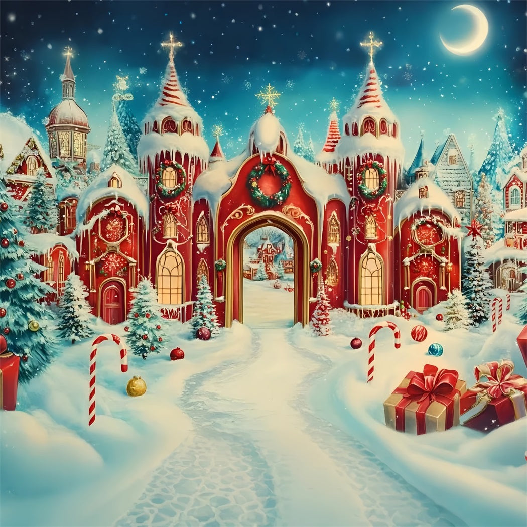 Toile de fond photo Noël Château Sucre d’Orge et Tours Enneigées GQ58-55