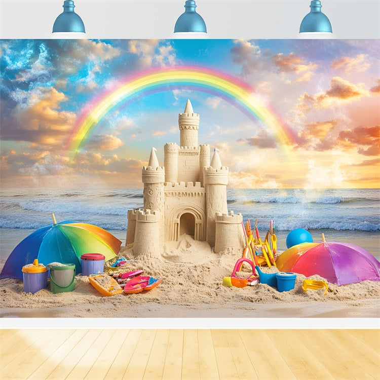 Toile de fond Été Plage Château de Sable Coucher Arc-en-Ciel GQ6-17