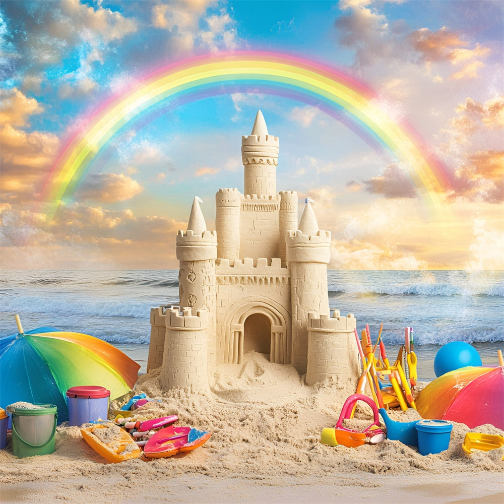 Toile de fond Été Plage Château de Sable Coucher Arc-en-Ciel GQ6-17