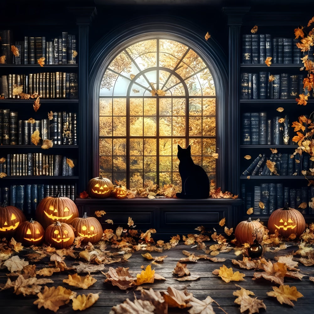 Toile de fond Halloween Bibliothèque Hantée Lumière de Citrouille GQ6-188