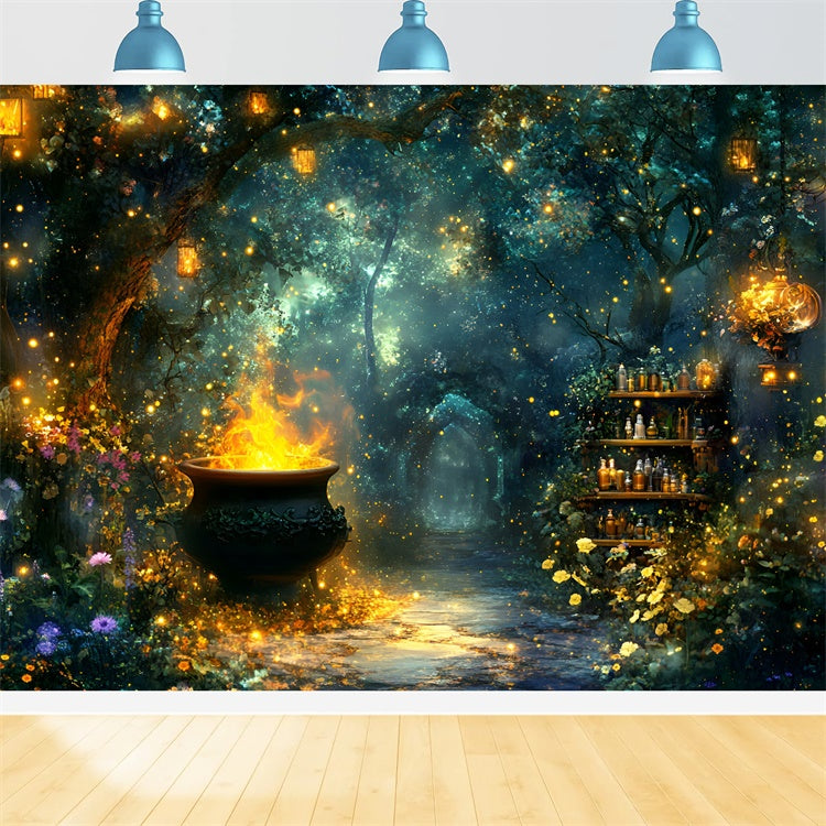 Toile de fond Halloween Chaudron Lumineux Forêt Mystique GQ6-192