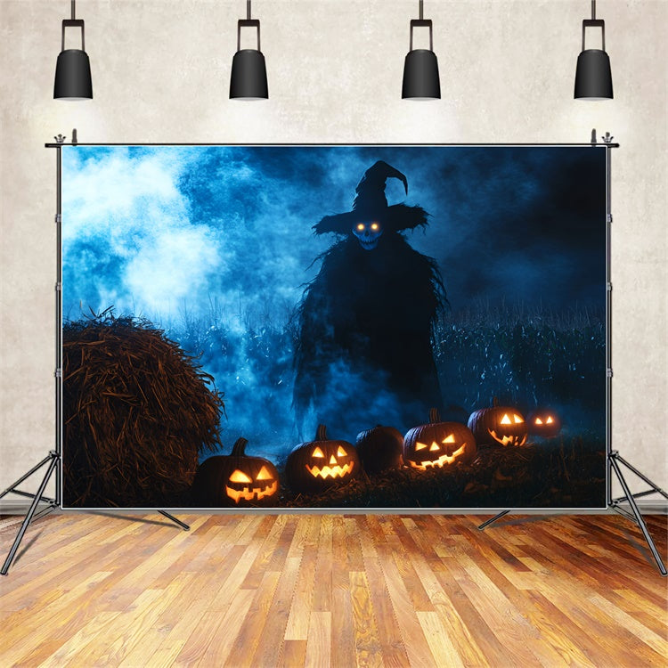 Toile de fond Halloween Champ Citrouilles Épouvantail Maléfique GQ6-215