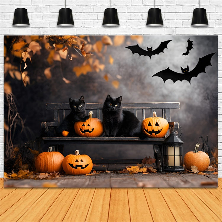 Toile de fond Halloween Citrouille Chat Noir Banc Effrayant GQ6-234