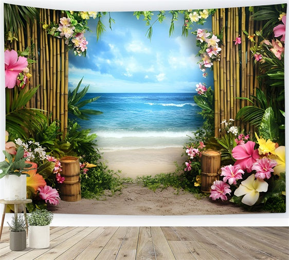 Toile de fond Été Thème Plage Chemin Bambou Fleuri GQ6-25
