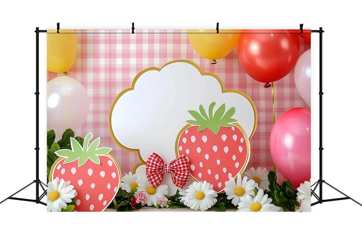 Toile de fond Décor Anniversaire 1 an Vichy Rose et Fraises GQ6-295