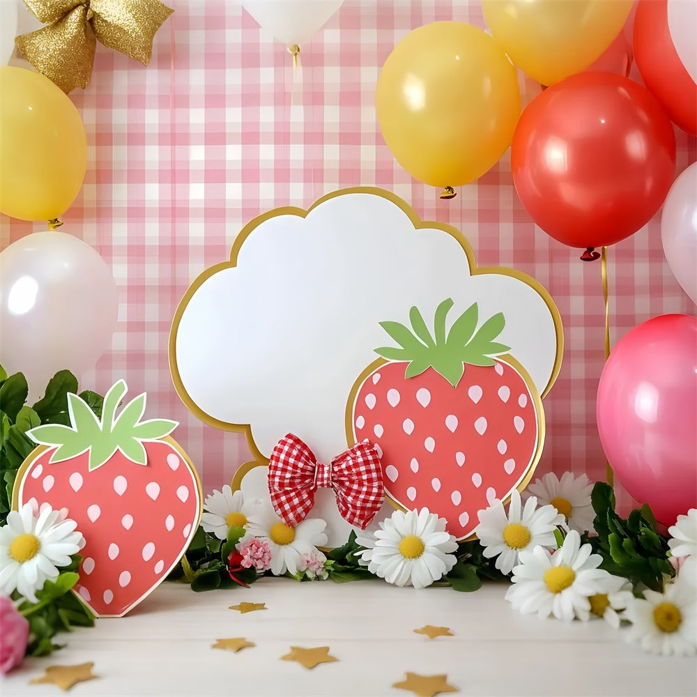 Toile de fond Décor Anniversaire 1 an Vichy Rose et Fraises GQ6-295