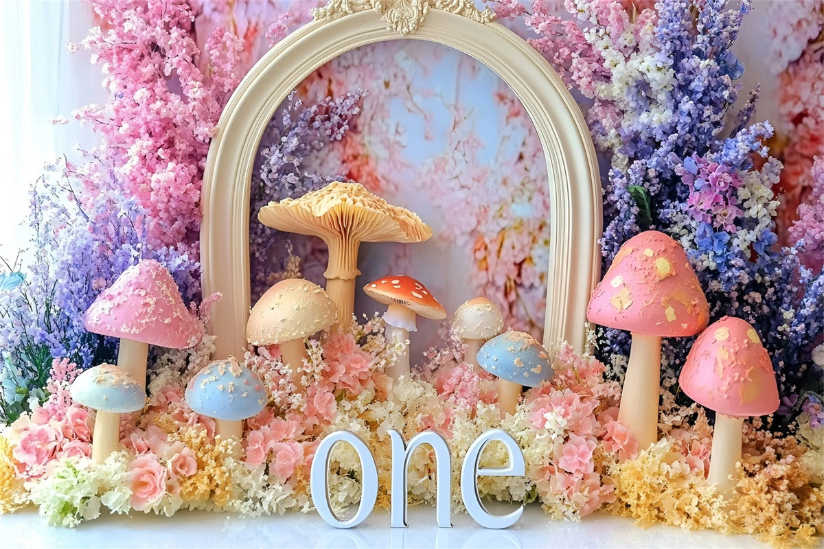 Toile de fond Décor Anniversaire 1 an Jardin Magique de Champignons GQ6-304