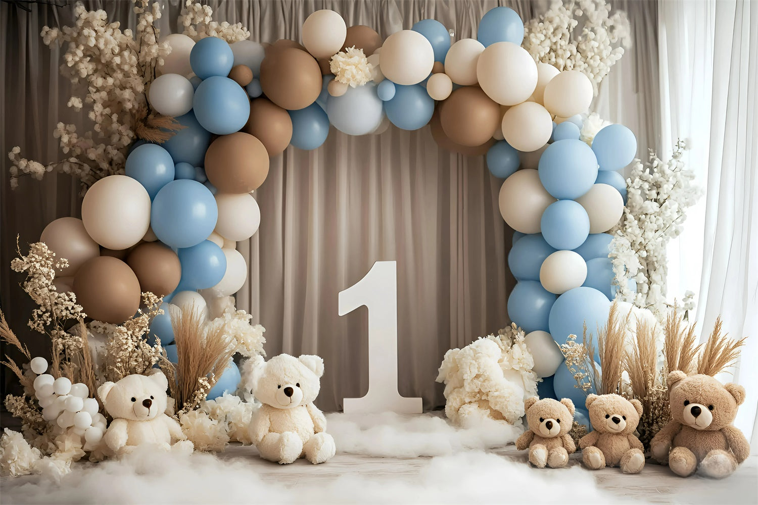 Toile de fond Décor Anniversaire 1 an Ours en Ballons Doux GQ6-311
