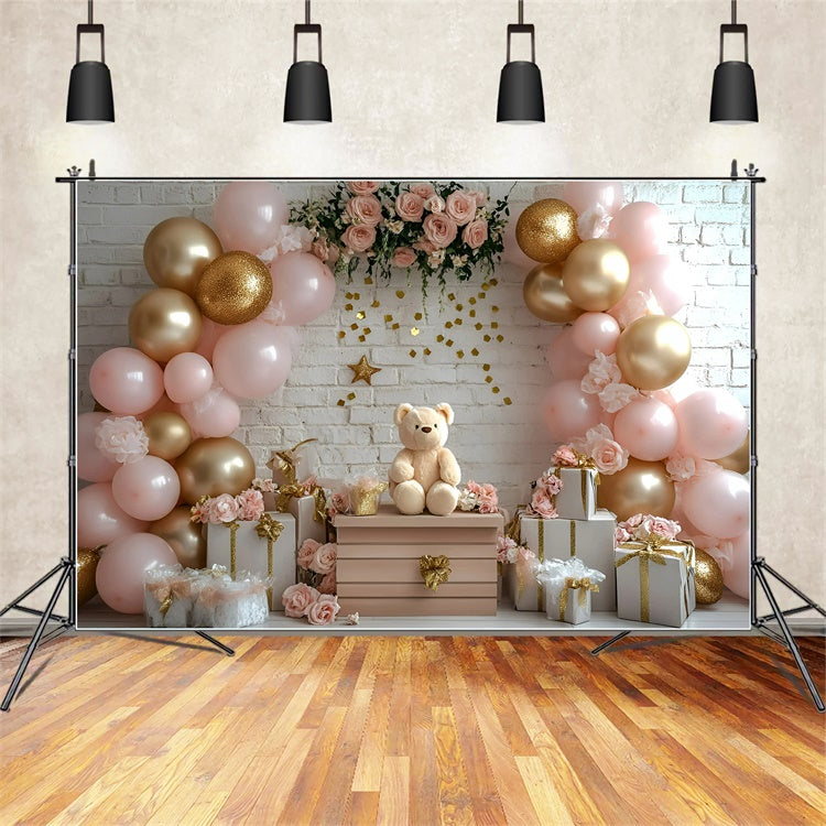Toile de fond Photo Gâteau Smash Fille Ours Rose et Fleurs GQ6-322