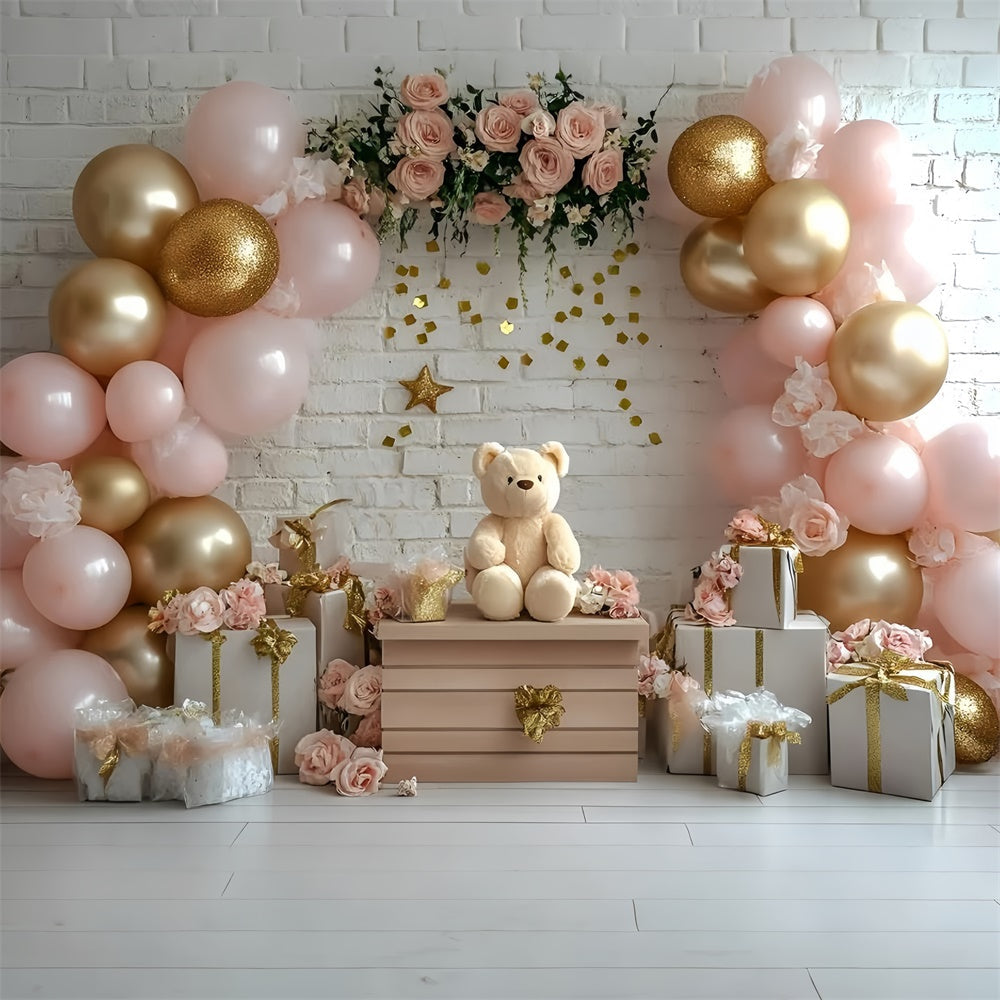 Toile de fond Photo Gâteau Smash Fille Ours Rose et Fleurs GQ6-322