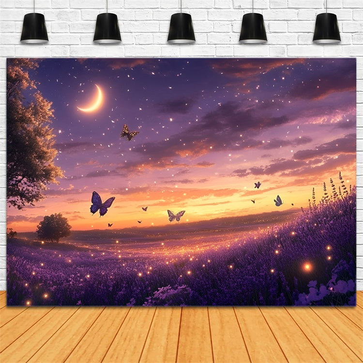 Toile de fond Été Champ de Lavande Lune Papillons GQ6-50
