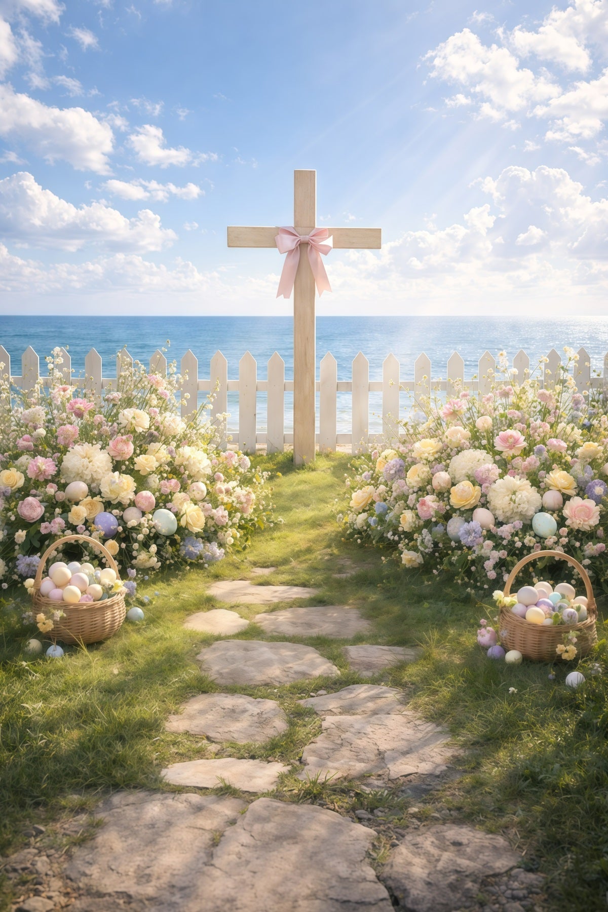 Toile de fond Pâques Chemin Jardin Croix Bord De Mer GQ61-11