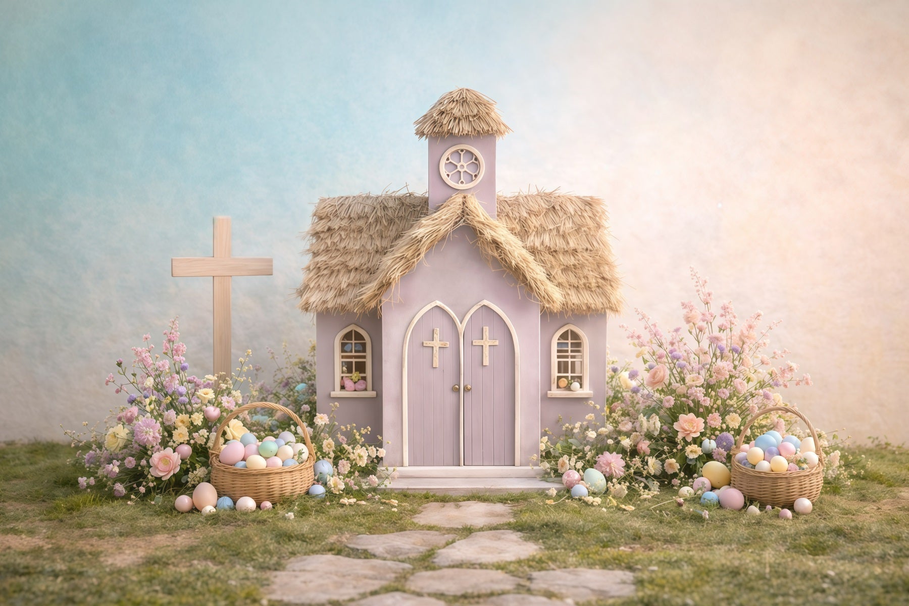 Toile de fond de Pâques Cottage Jardin Église Tons Pastel GQ61-12