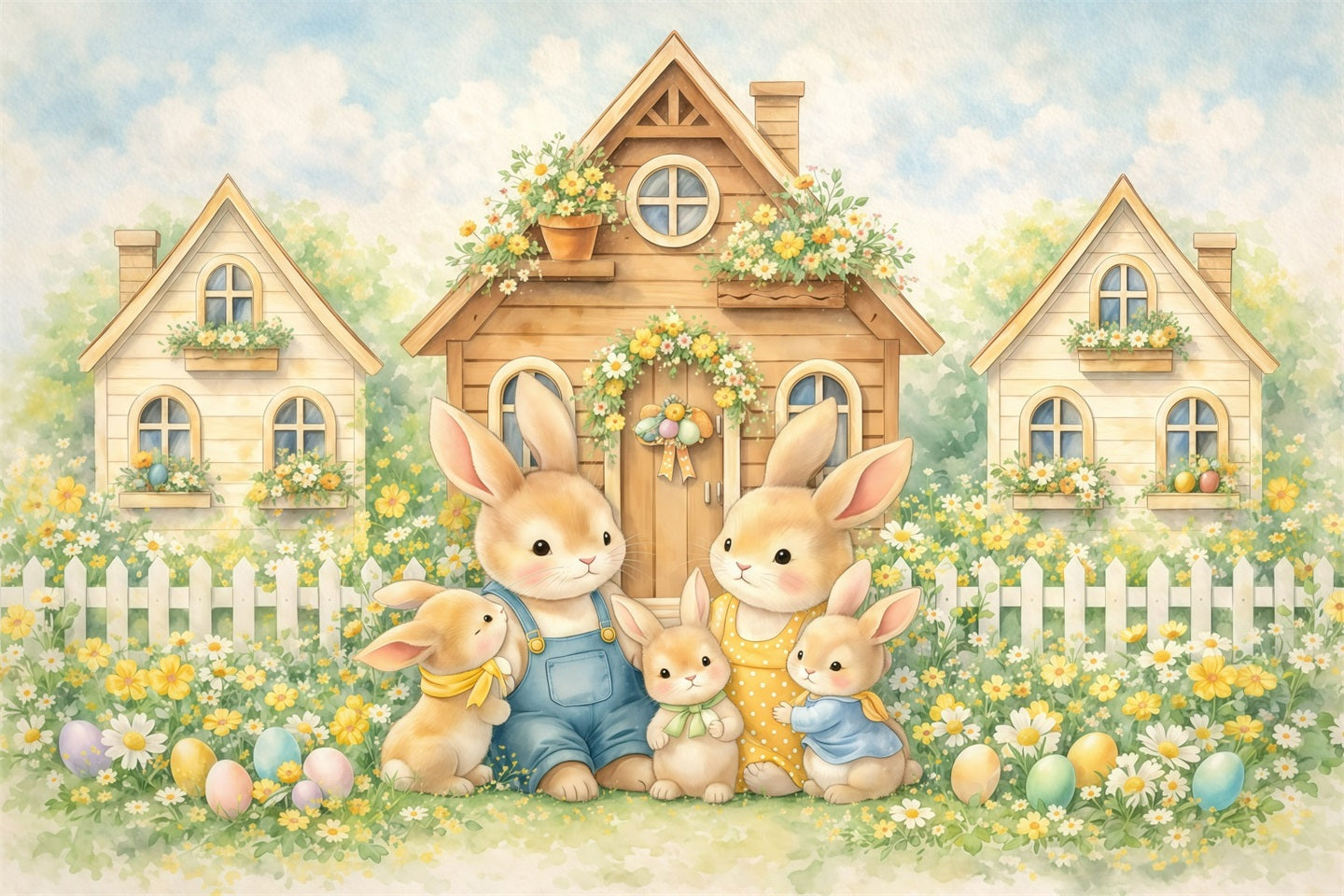 Toile de fond Pâques Village Famille Lapins Conte De Fées GQ61-15