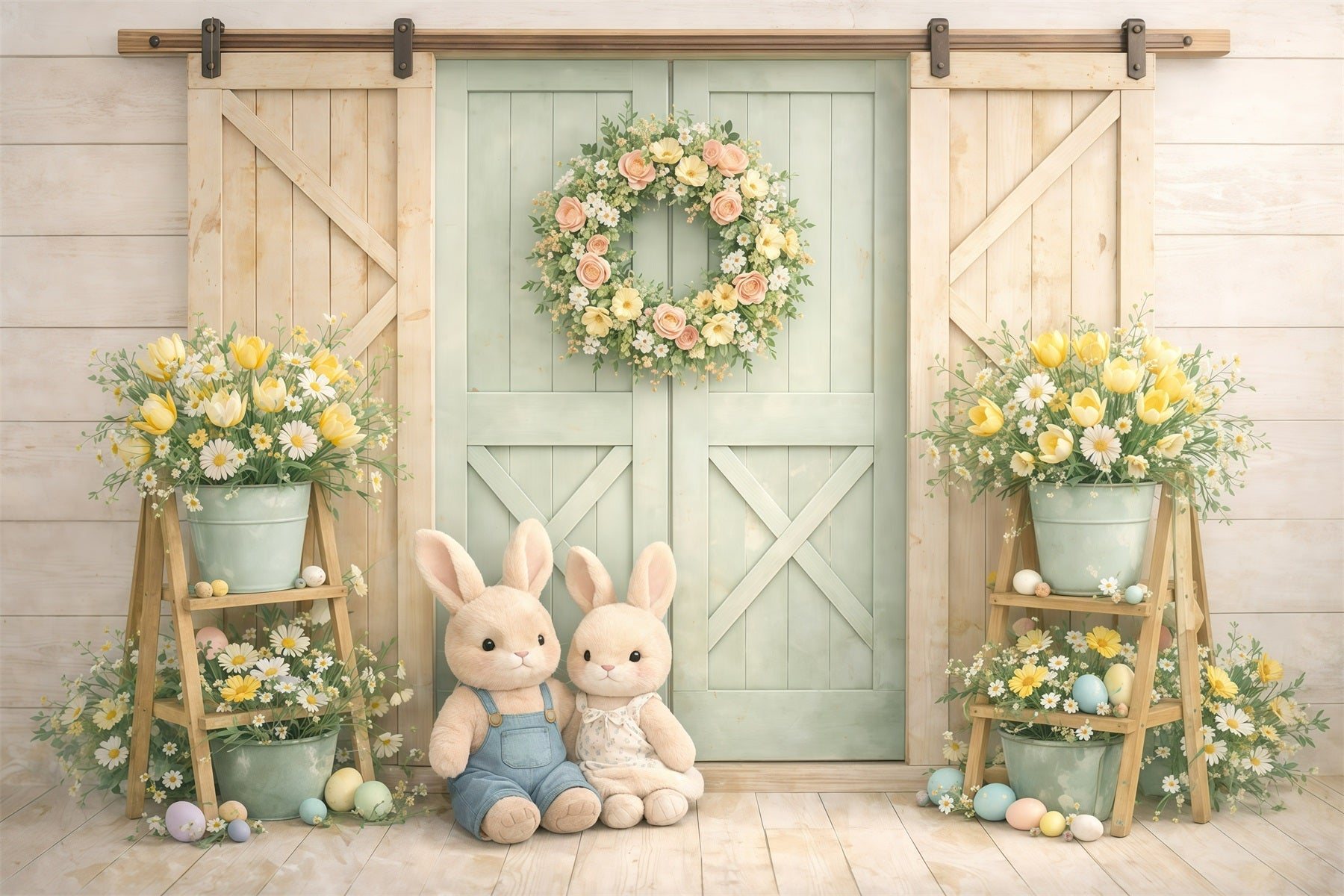 Toile de fond de Pâques Portes Grange Lapin Tons Pastel GQ61-16