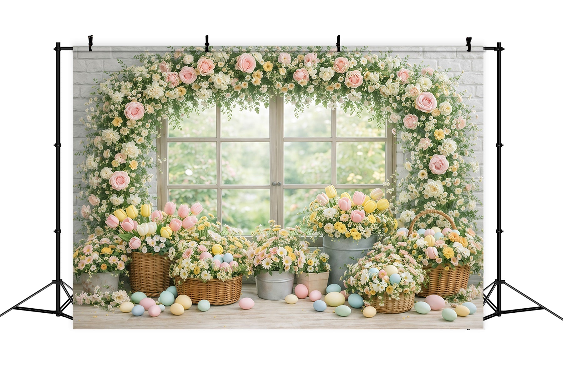 Toile de fond Pâques Fenêtre Jardin Œufs Floraux GQ61-19