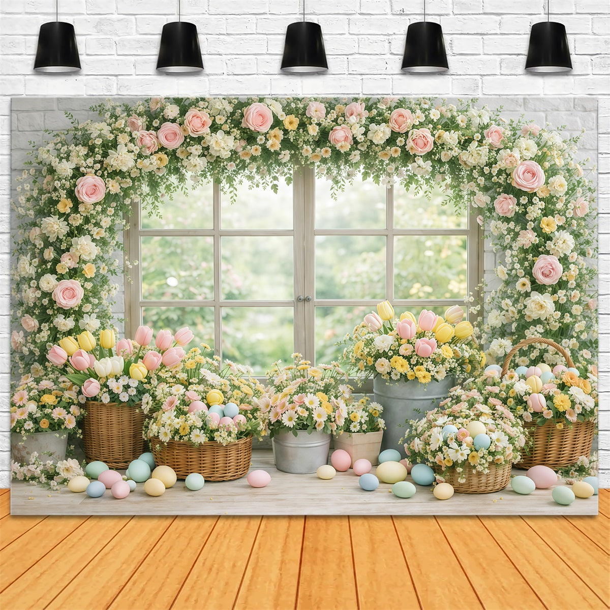 Toile de fond Pâques Fenêtre Jardin Œufs Floraux GQ61-19