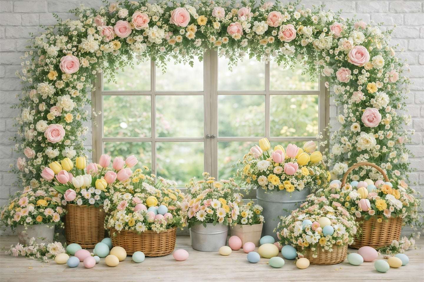 Toile de fond Pâques Fenêtre Jardin Œufs Floraux GQ61-19