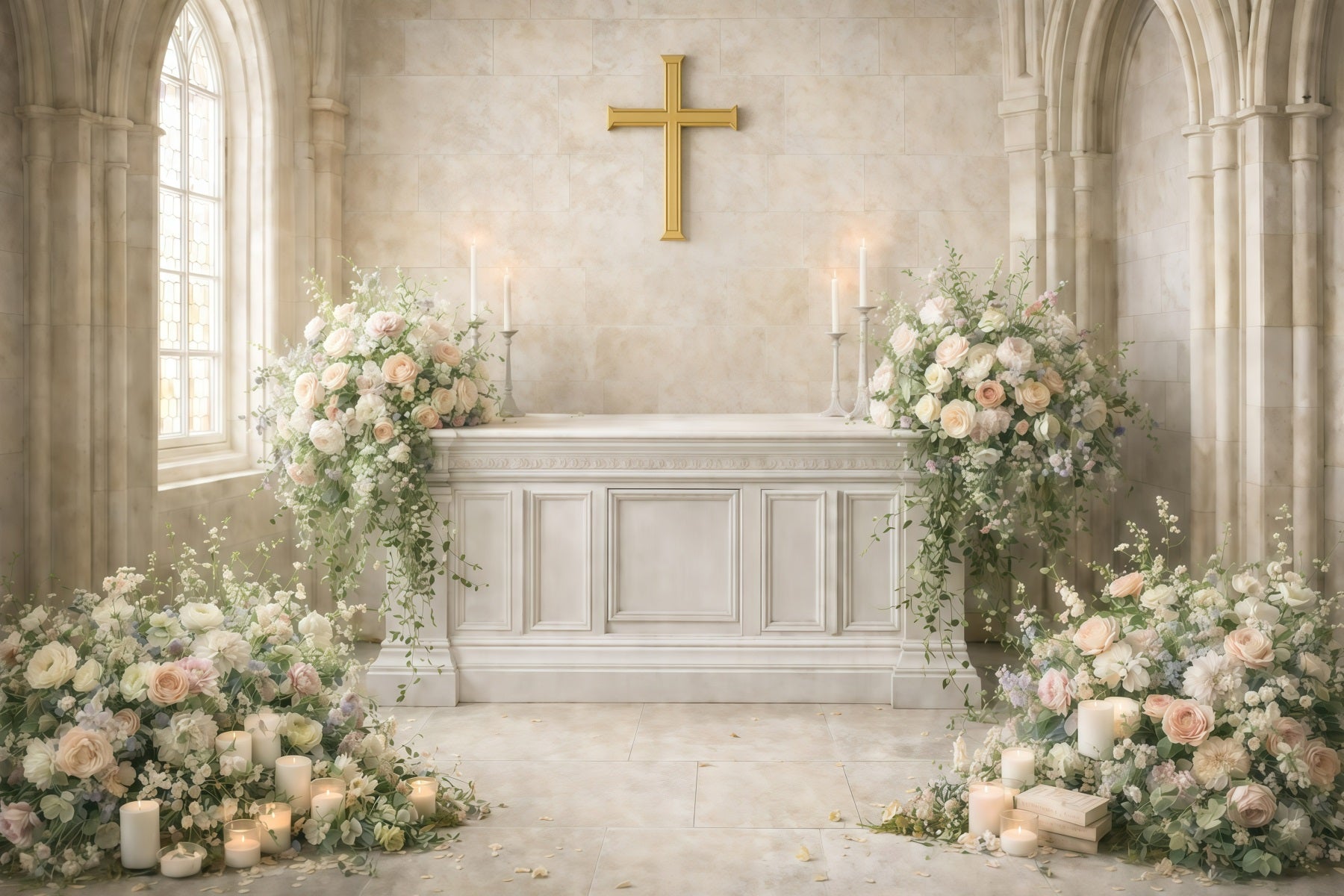Toile de fond Pâques Croix Sacrée Église Fleurs GQ61-35