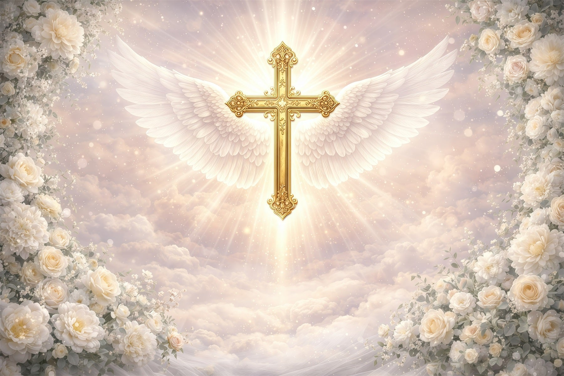 Toile de fond de Pâques Croix Dorée Ailes Angéliques GQ61-36