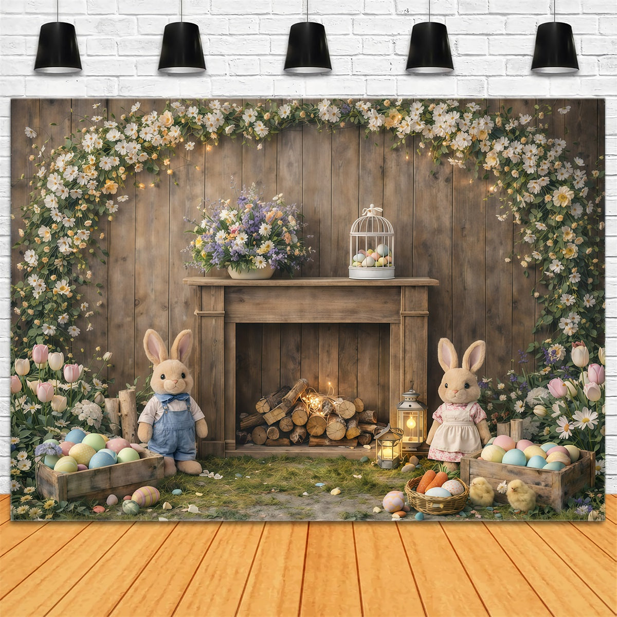 Fond de Pâques Manteau Rustique Lapin Fleurs GQ61-45