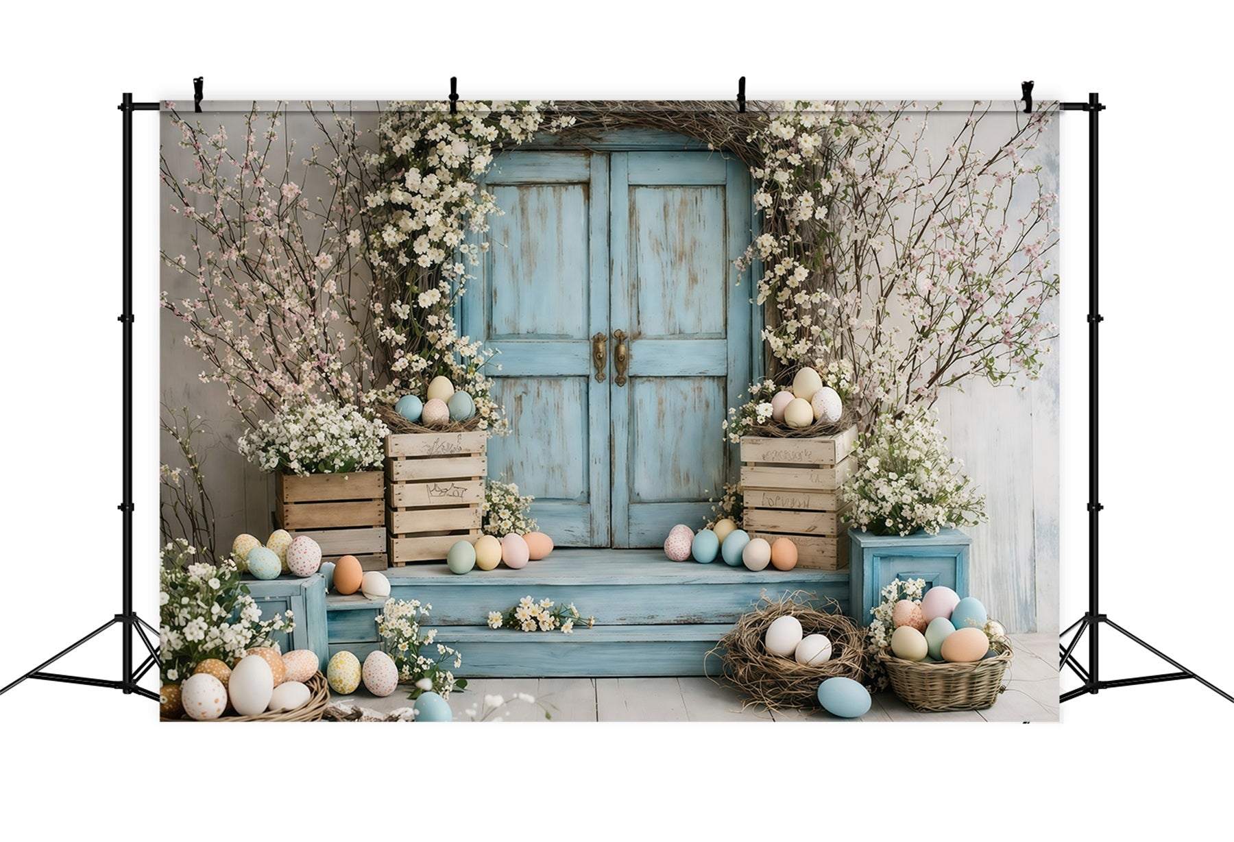 Fond Photo Pâques Porte Bleue Vintage Fleurs GQ61-46