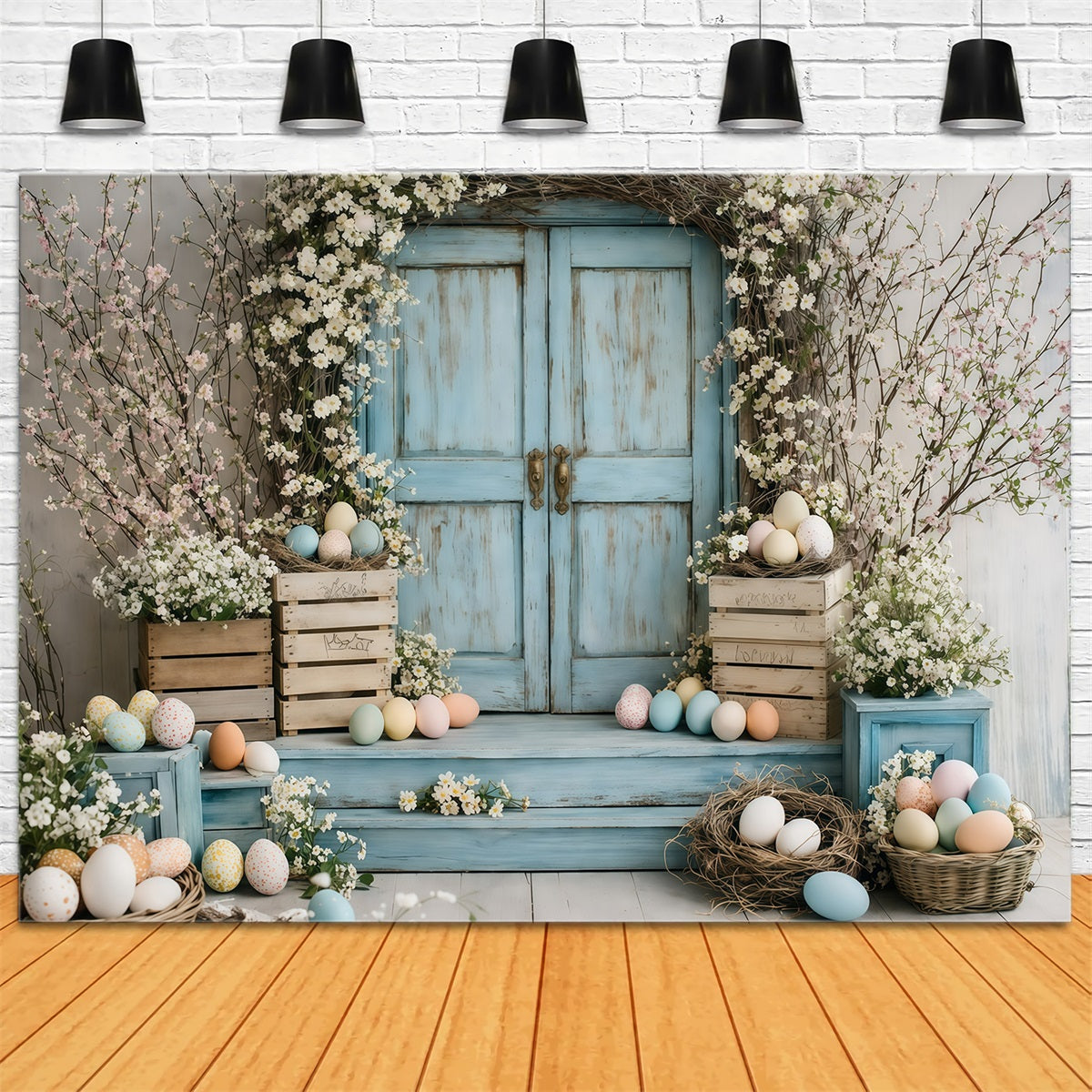 Fond Photo Pâques Porte Bleue Vintage Fleurs GQ61-46