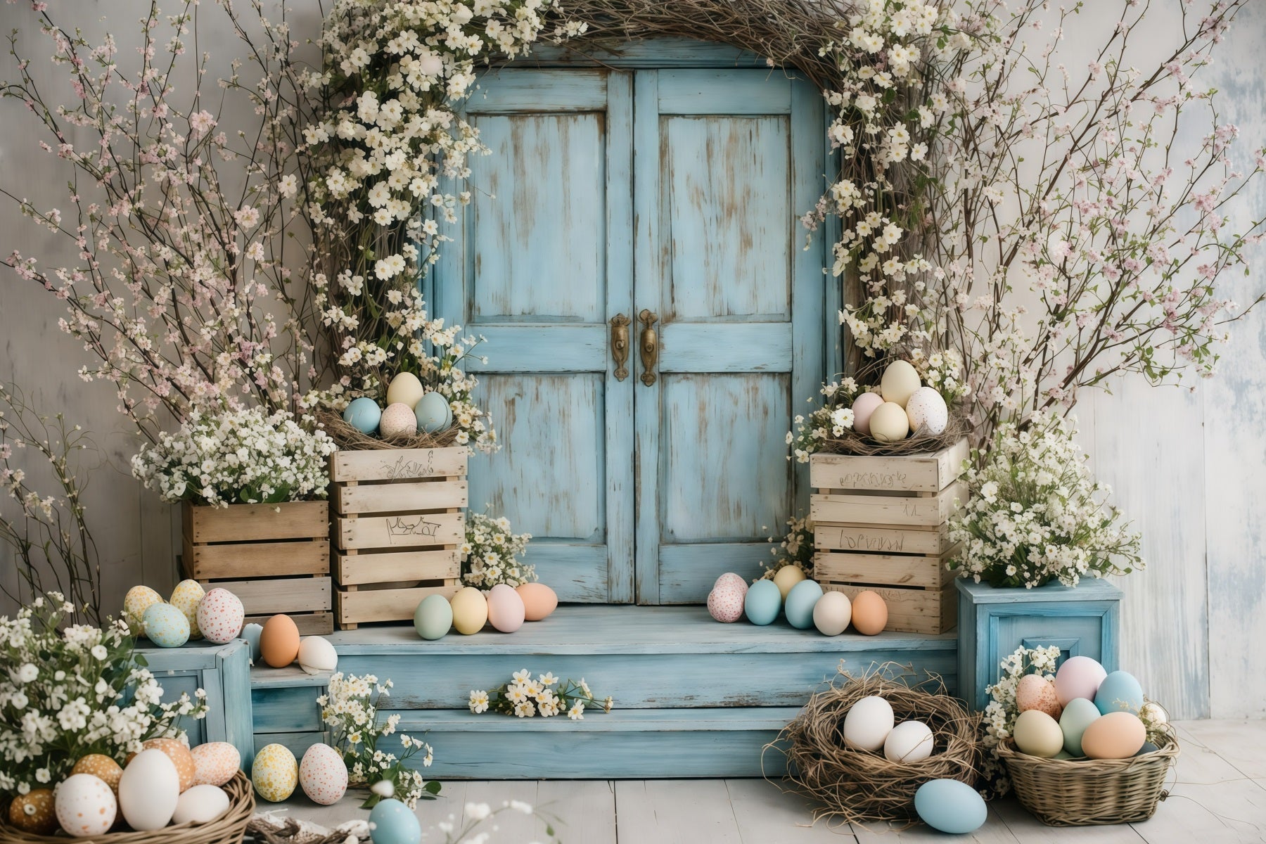 Fond Photo Pâques Porte Bleue Vintage Fleurs GQ61-46