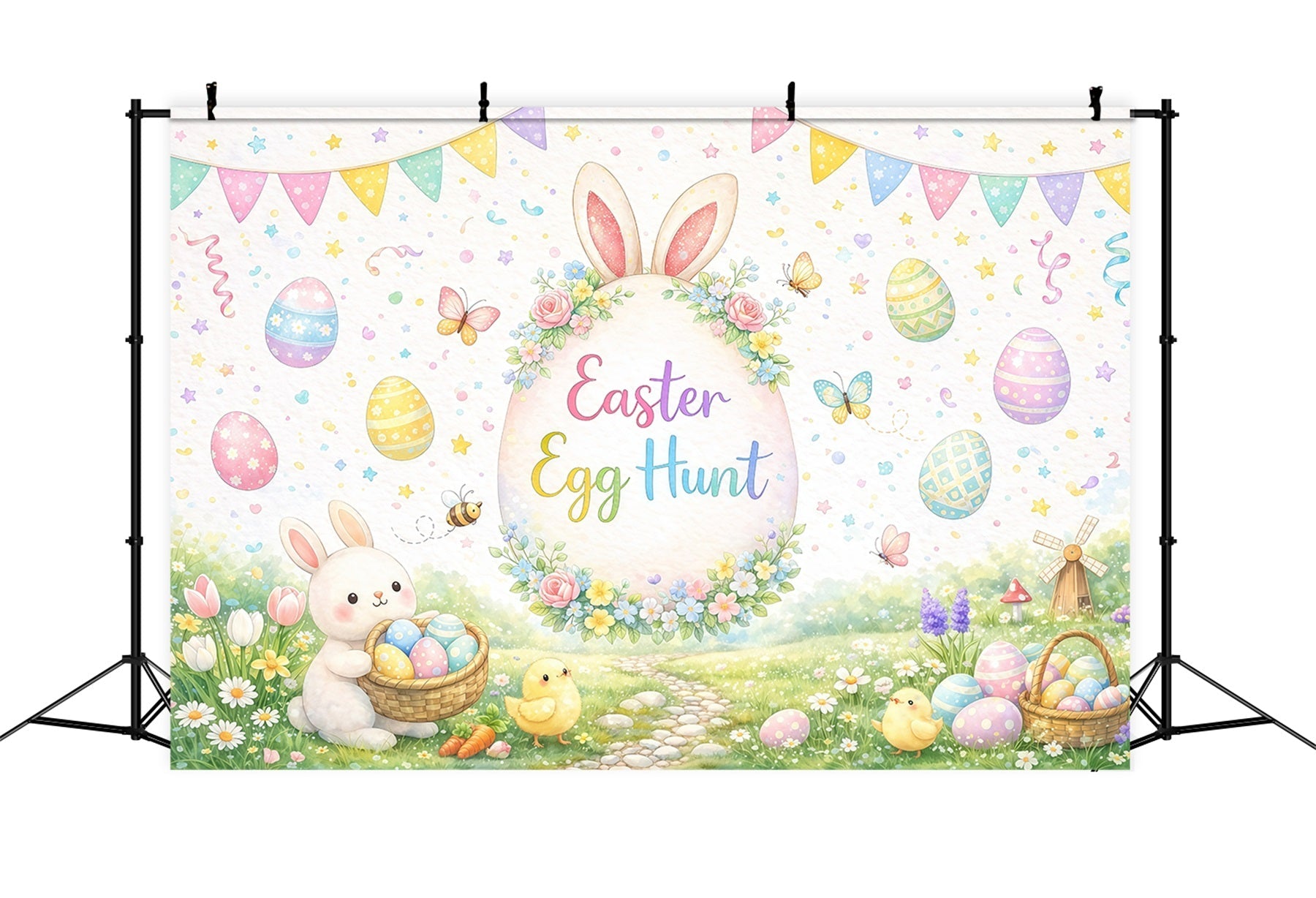 Fond Photo Pâques Jardin Aquarelle Lapin Poussins GQ61-54