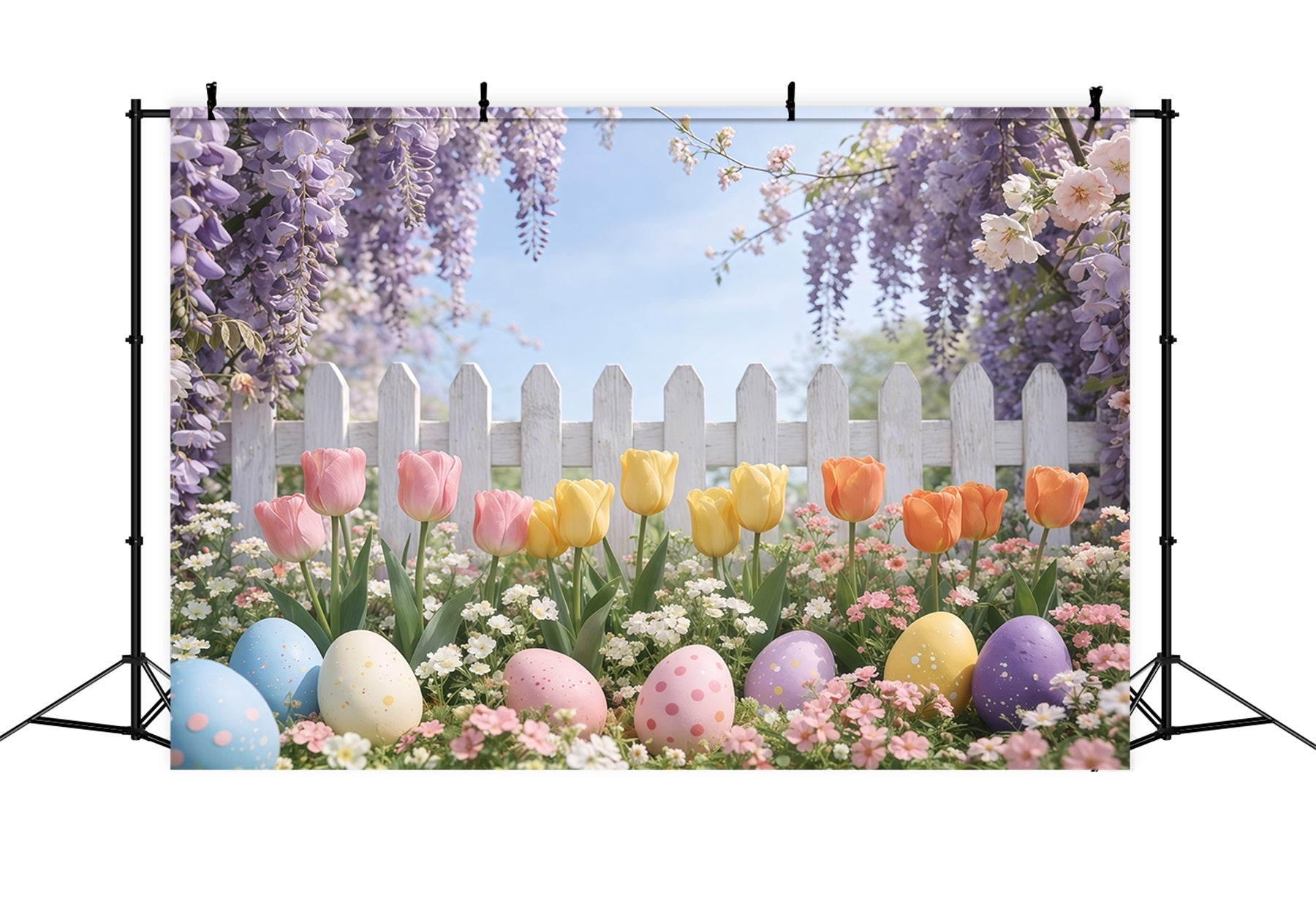 Toile de fond de Pâques Jardin Tulipees Lavande Œuf GQ61-60