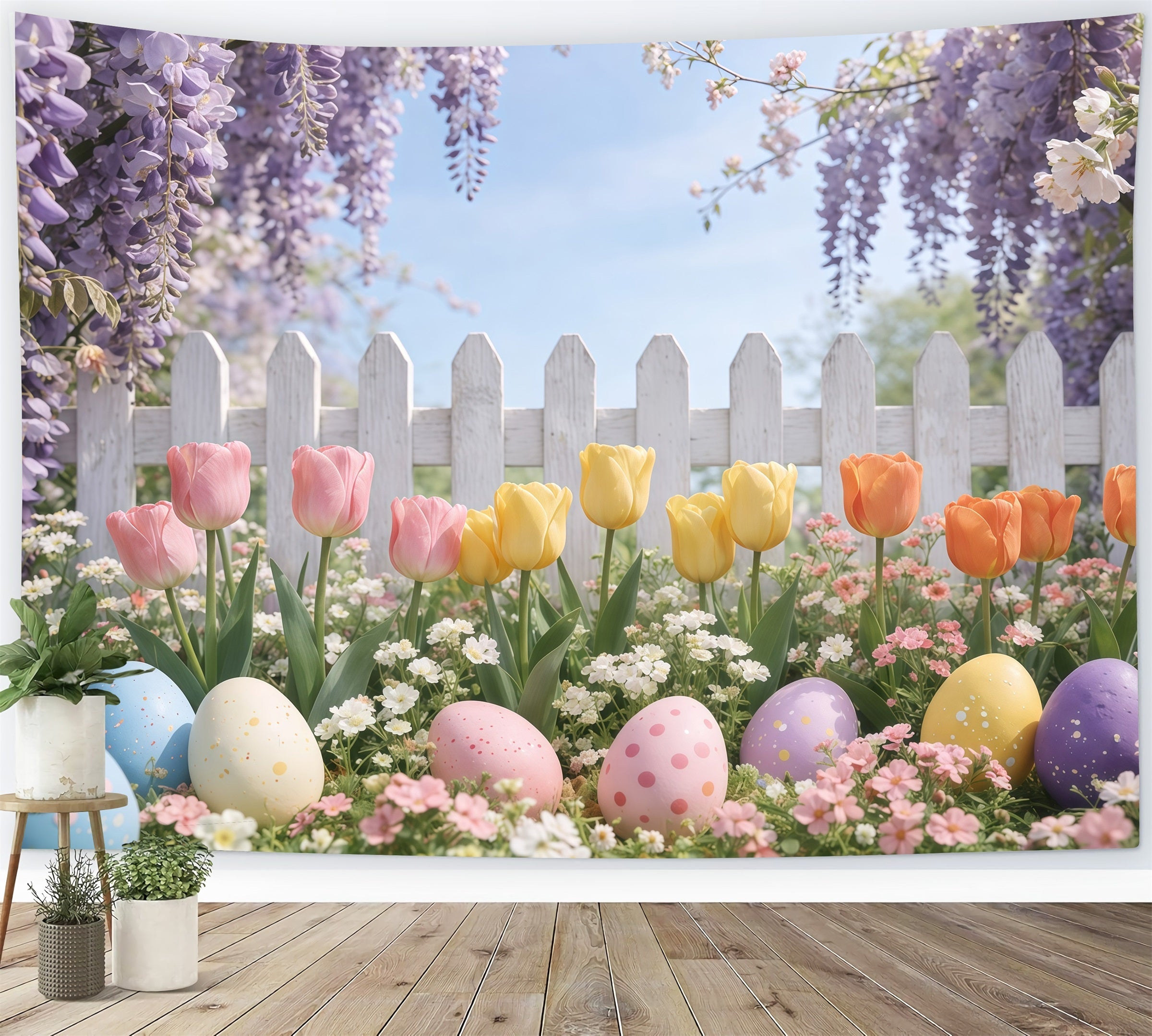 Toile de fond de Pâques Jardin Tulipees Lavande Œuf GQ61-60