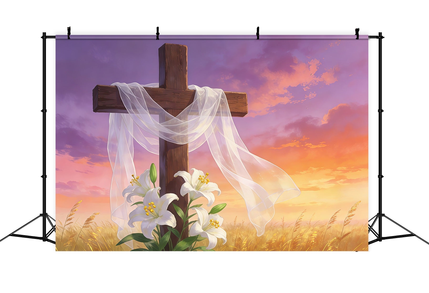 Toile de fond Pâques Croix Résurrection Ciel Doré GQ61-63