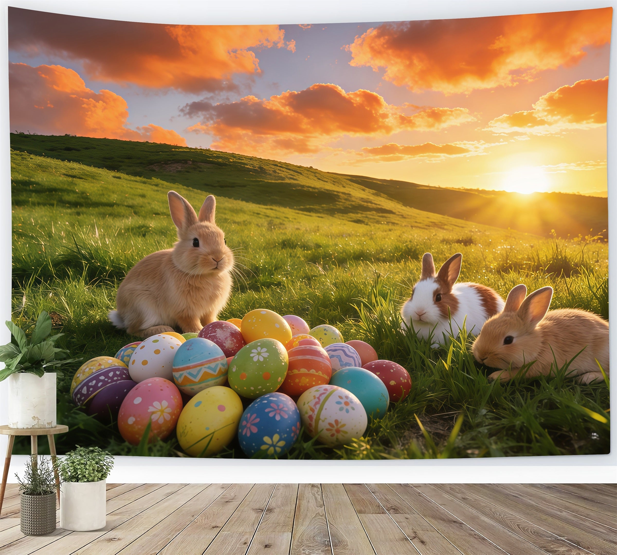 Toile de fond de Pâques Rassemblement Lapins Prairie Œufs GQ61-64