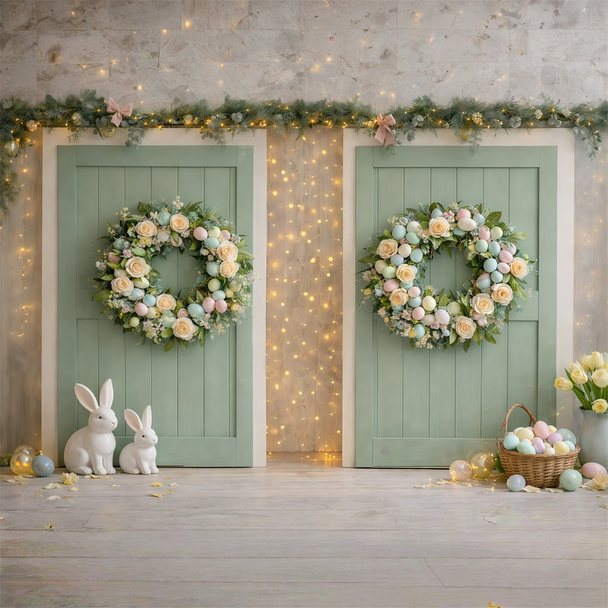 Fond Photo Pâques Entrée Vert Menthe Lapin Œuf GQ61-66