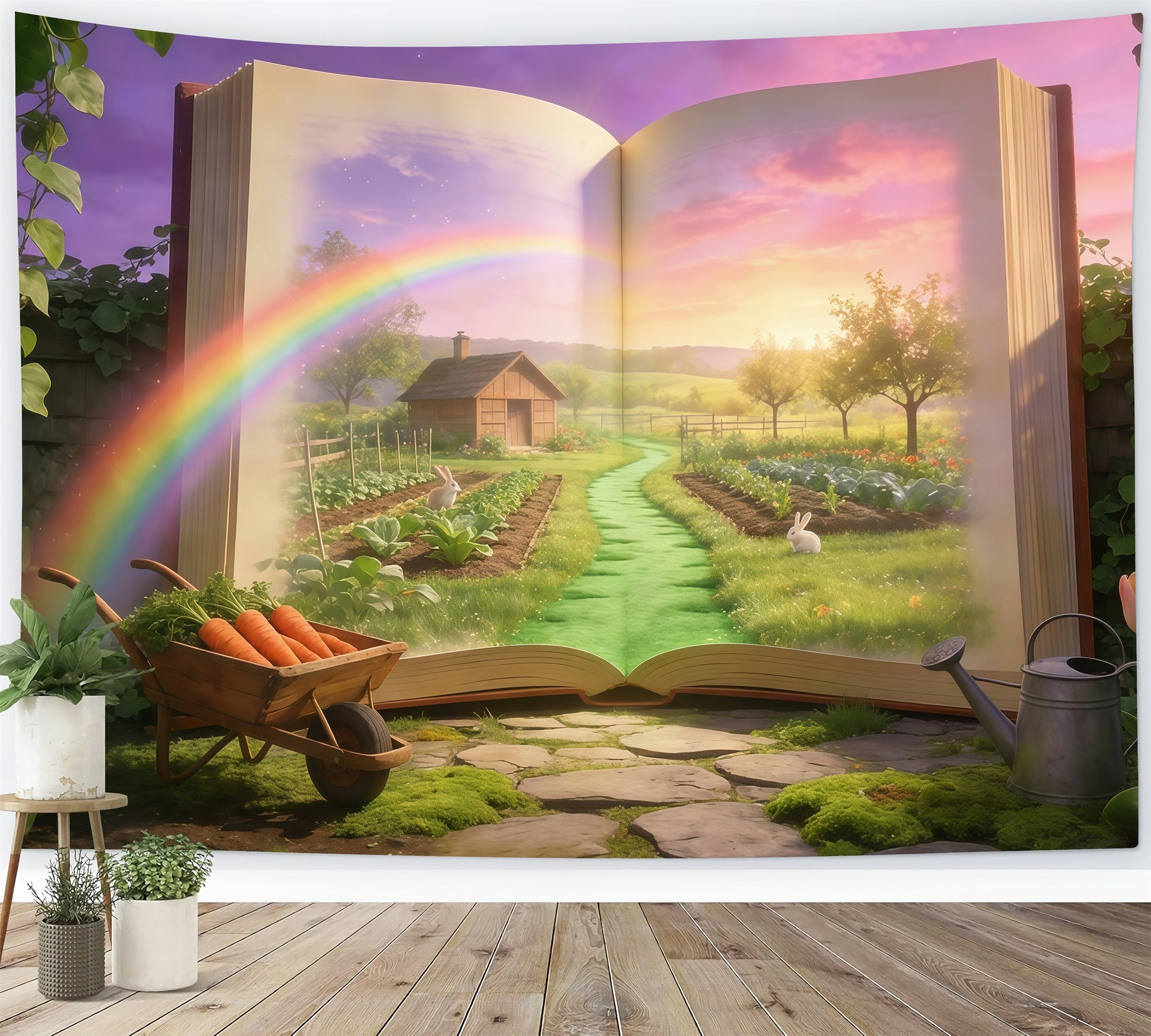 Fond de Pâques Livre Magique Jardin Lapin GQ61-69