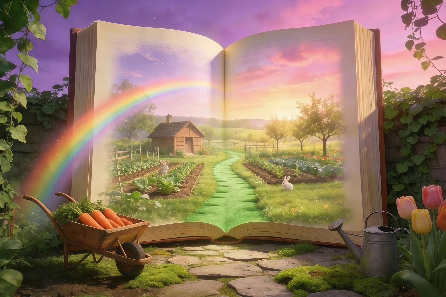 Fond de Pâques Livre Magique Jardin Lapin GQ61-69