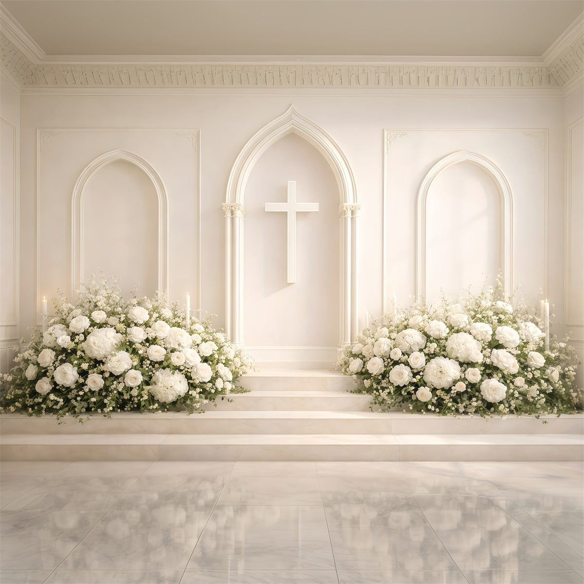 Toile de fond de Pâques Croix Église Fleurs Blanches GQ61-8