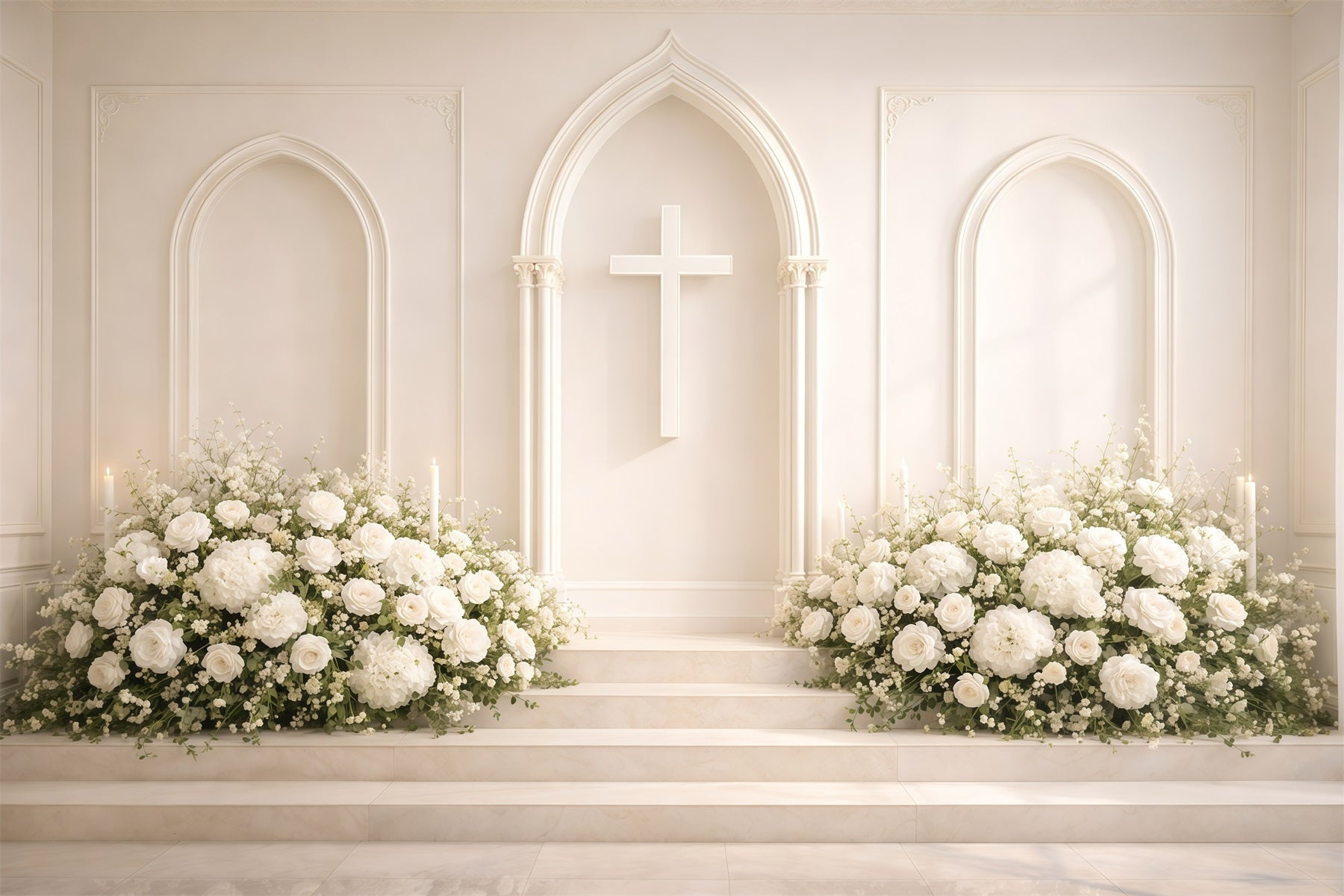 Toile de fond de Pâques Croix Église Fleurs Blanches GQ61-8