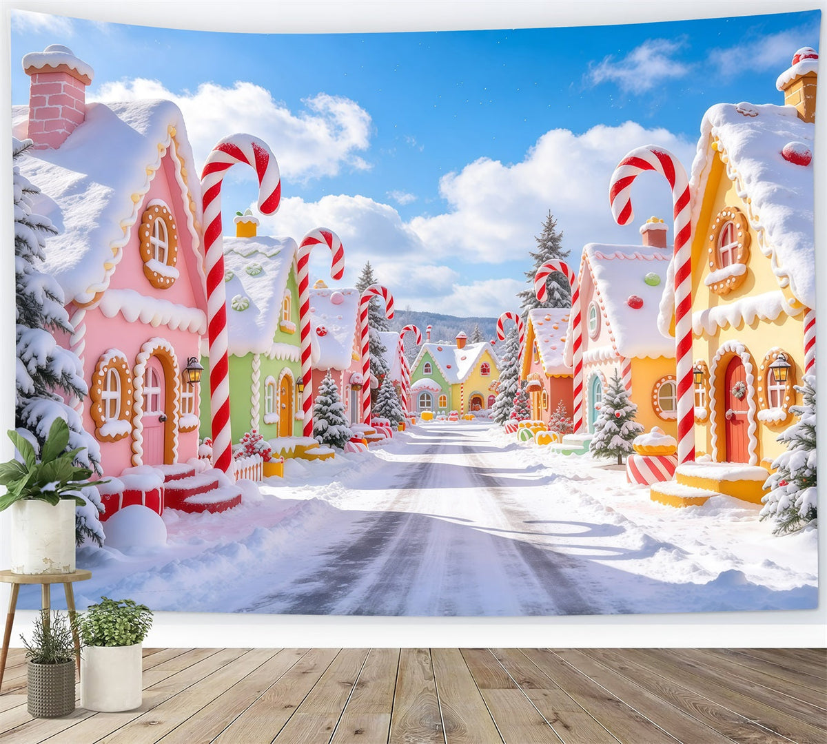 Fond De Village De Noël Maison Pain D'Épices Bonbons Pastel GQ610-1