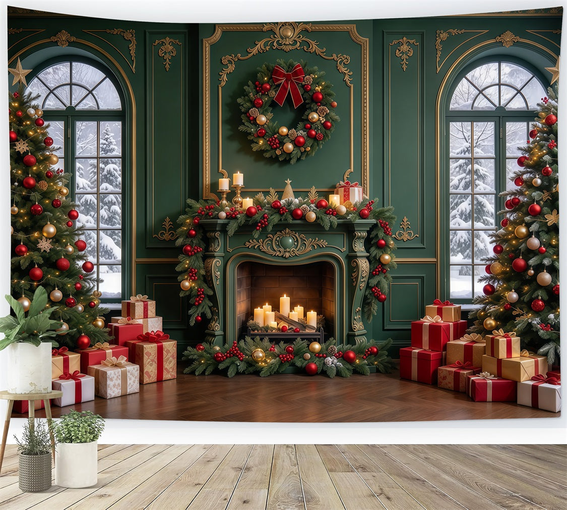 Fond De Noël Salon Cheminée Émeraude Dorée GQ610-103
