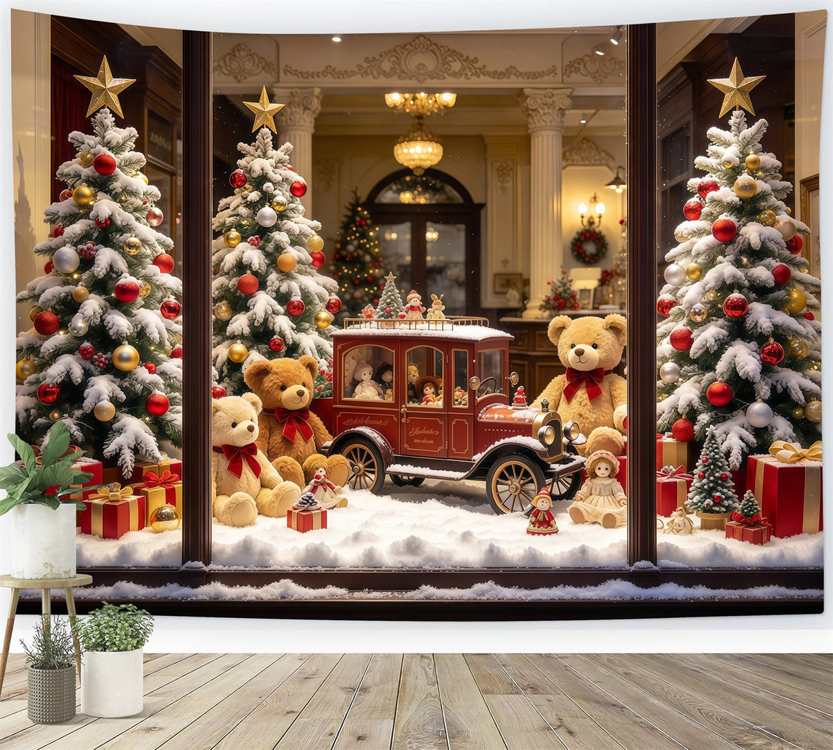 Fond Atelier Jouets Père Noël Voiture Jouet Vintage Fenêtre GQ610-104