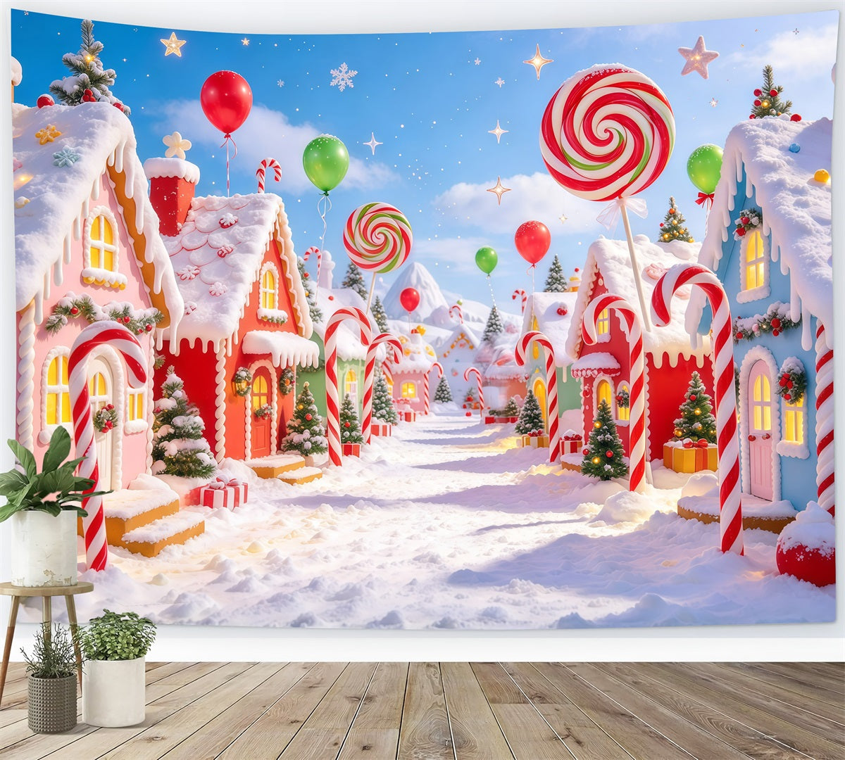 Fond De Noël Pays Des Bonbons Village Sucettes Géantes GQ610-106