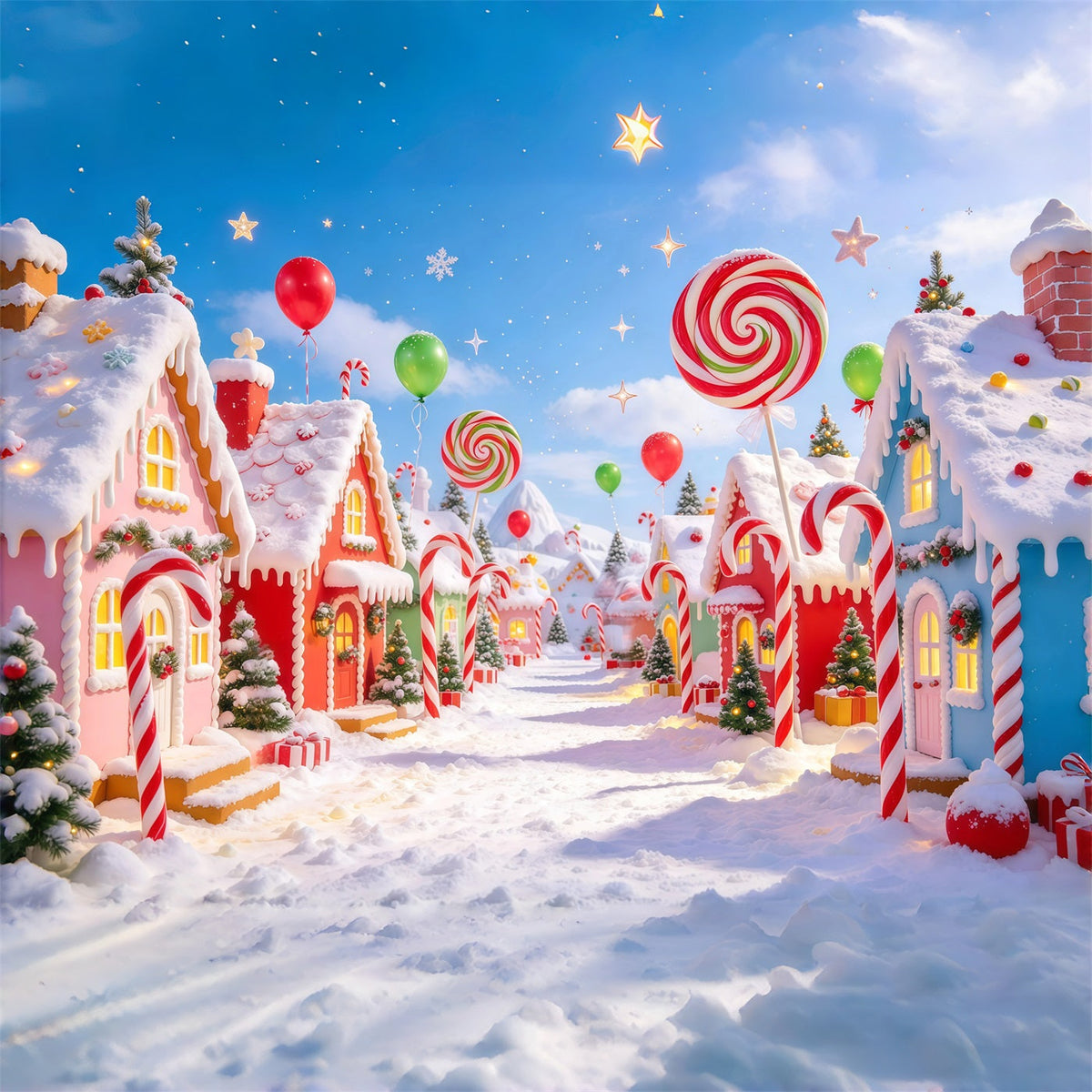 Fond De Noël Pays Des Bonbons Village Sucettes Géantes GQ610-106