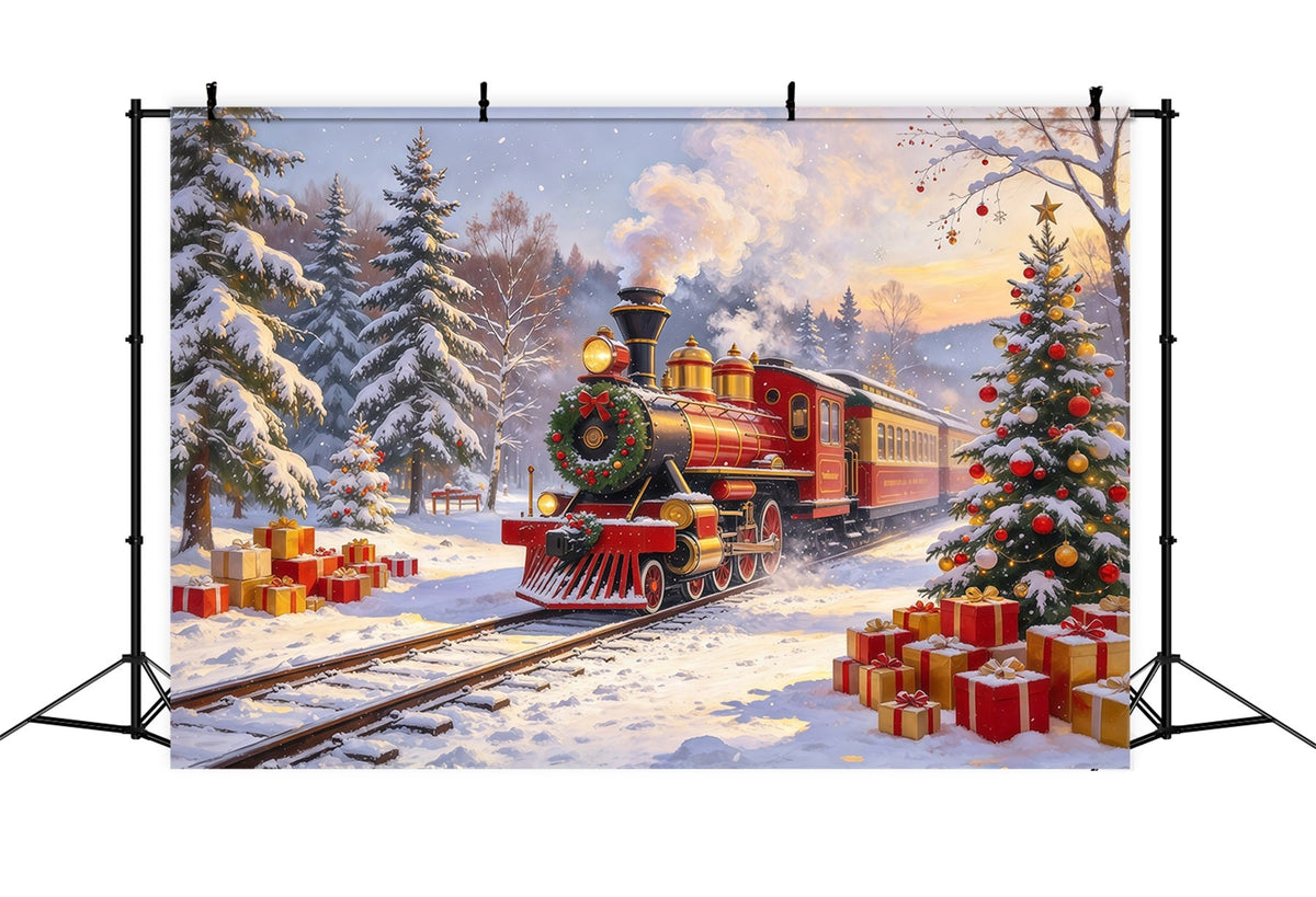 Fond De Noël Train À Vapeur Rouge Village Chute De Neige GQ610-107